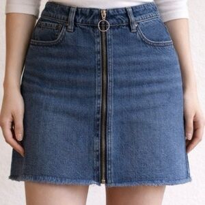 We The Free Denim Distressed Front Zip Raw Frayed Hem Mini Skirt